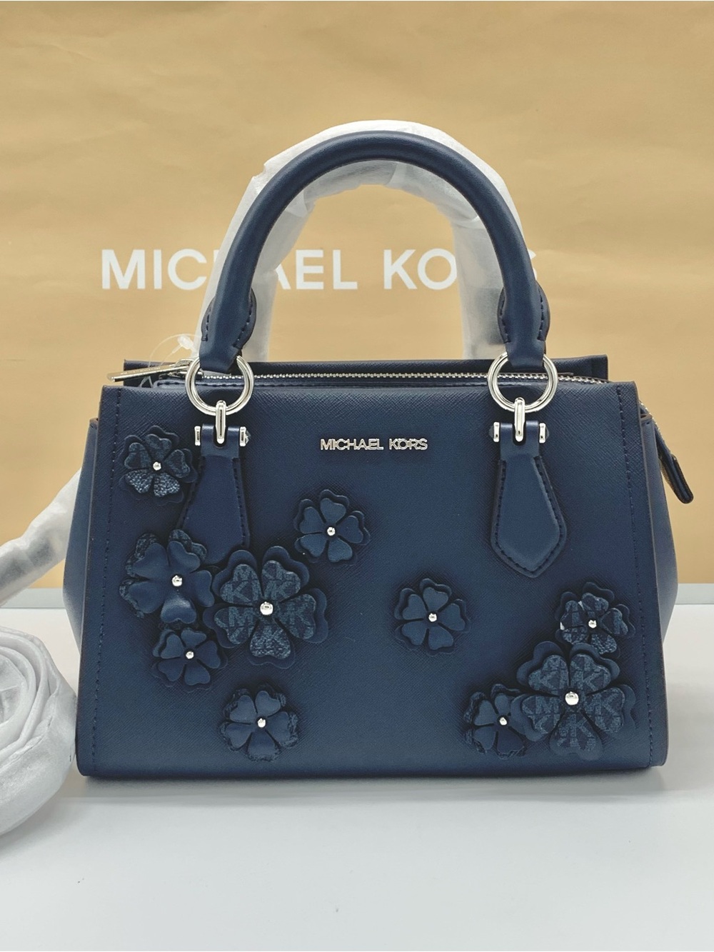 Michael Kors Marilyn Navy Floral Applique Satchel - Picture 4 of 15
